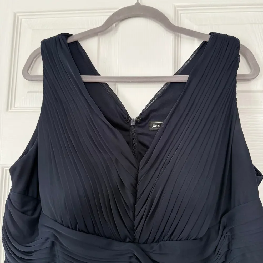 Jessica Howard Women's Navy Chiffon V-Neck Mini Pleat Dress Size 18W - Picture 4 of 11